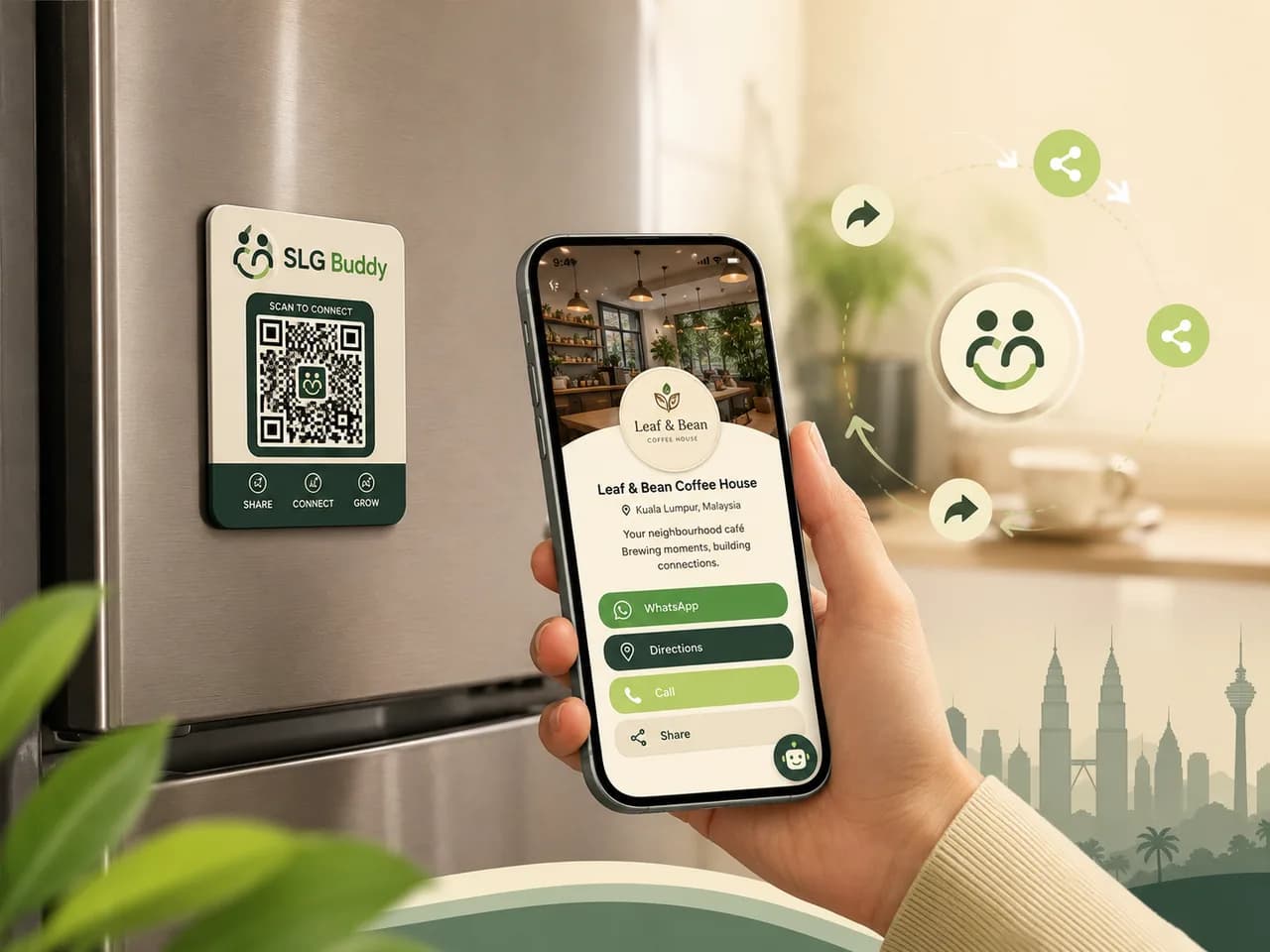 SLG Buddy fridge magnet, QR scan and mobile business page sharing flow